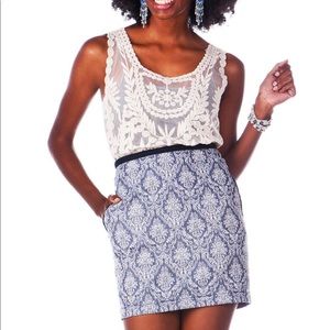 Francessca’s Harper blue jacquard mini skirt